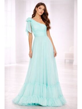 Mac Duggal 68472 Ruched Tiered One-Shoulder Gown Sz 4 Aqua $398